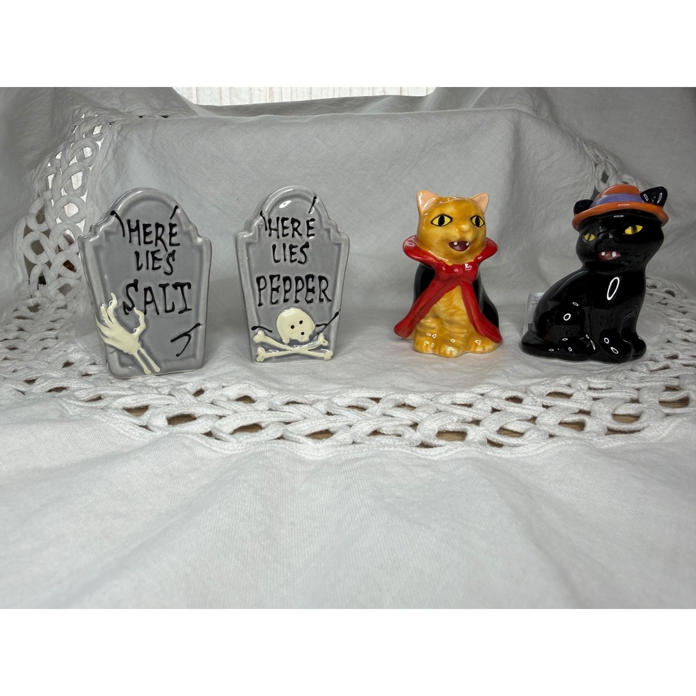 Cracker Barrel Halloween Salt & Pepper Shakers Lot of 4 Cats Tombstones NWT